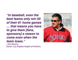 “In baseball, even the
best teams only win 50
of their 81 home games
… that means you have
to give them [fans,
sponsors] a...