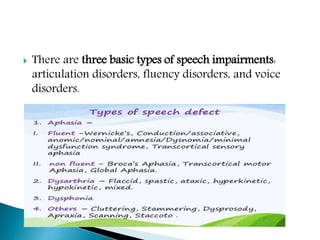  There are three basic types of speech impairments:
articulation disorders, fluency disorders, and voice
disorders.
 