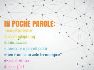 IN POCHE PAROLE:
#innovare a piccoli passi
#user4perience
#learningbydoing
#keep it simple
#visual5zare
#non è un tema solo tecnologico
#wow eﬀect
 