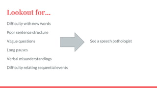 Lookout for...
Difficulty with new words
Poor sentence structure
Vague questions
Long pauses
Verbal misunderstandings
Difficulty relating sequential events
See a speech pathologist
 