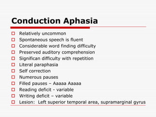 Conduction AphasiaRelatively uncommonSpontaneous speech is fluentConsiderable word finding difficultyPreserved auditory comprehensionSignifican difficulty with repetitionLiteral paraphasiaSelf correctionNumerous pauses Filled pauses – Aaaaa AaaaaReading deficit - variableWriting deficit – variableLesion:  Left superior temporal area, supramarginal gyrus