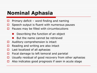 Nominal AphasiaPrimary deficit – word finding and namingSpeech output is fluent with numerous pausesPauses may be filled with circumlocutionsDescribing the function of an objectBut the name cannot be retrievedAuditory comprehension is intactReading and writing are also intactLast localized of all aphasiasFocal damage to left temoral and parietalUsually residual of good recovery from other aphasiasAlso indicates good prognosis if seen in acute stage