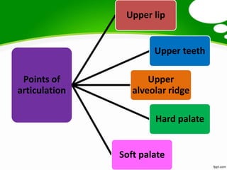 Upper lip


                       Upper teeth

 Points of            Upper
articulation      alveolar ridge

                       Hard palate


               Soft palate
 