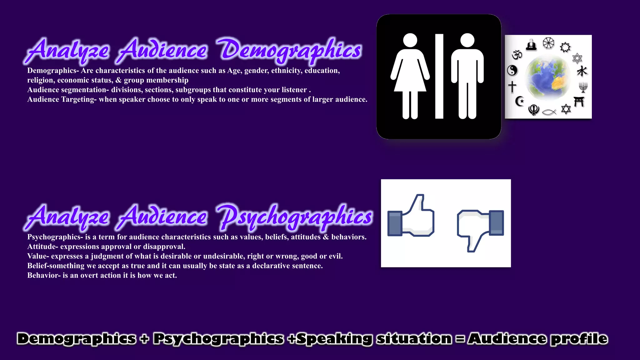 Analyze Audience Demographics
Demographics- Are characteristics of the audience such as Age, gender, ethnicity, education,
religion, economic status, & group membership
Audience segmentation- divisions, sections, subgroups that constitute your listener .
Audience Targeting- when speaker choose to only speak to one or more segments of larger audience.
Analyze Audience Psychographics
Psychographics- is a term for audience characteristics such as values, beliefs, attitudes & behaviors.
Attitude- expressions approval or disapproval.
Value- expresses a judgment of what is desirable or undesirable, right or wrong, good or evil.
Belief-something we accept as true and it can usually be state as a declarative sentence.
Behavior- is an overt action it is how we act.
Demographics + Psychographics +Speaking situation = Audience profile
 