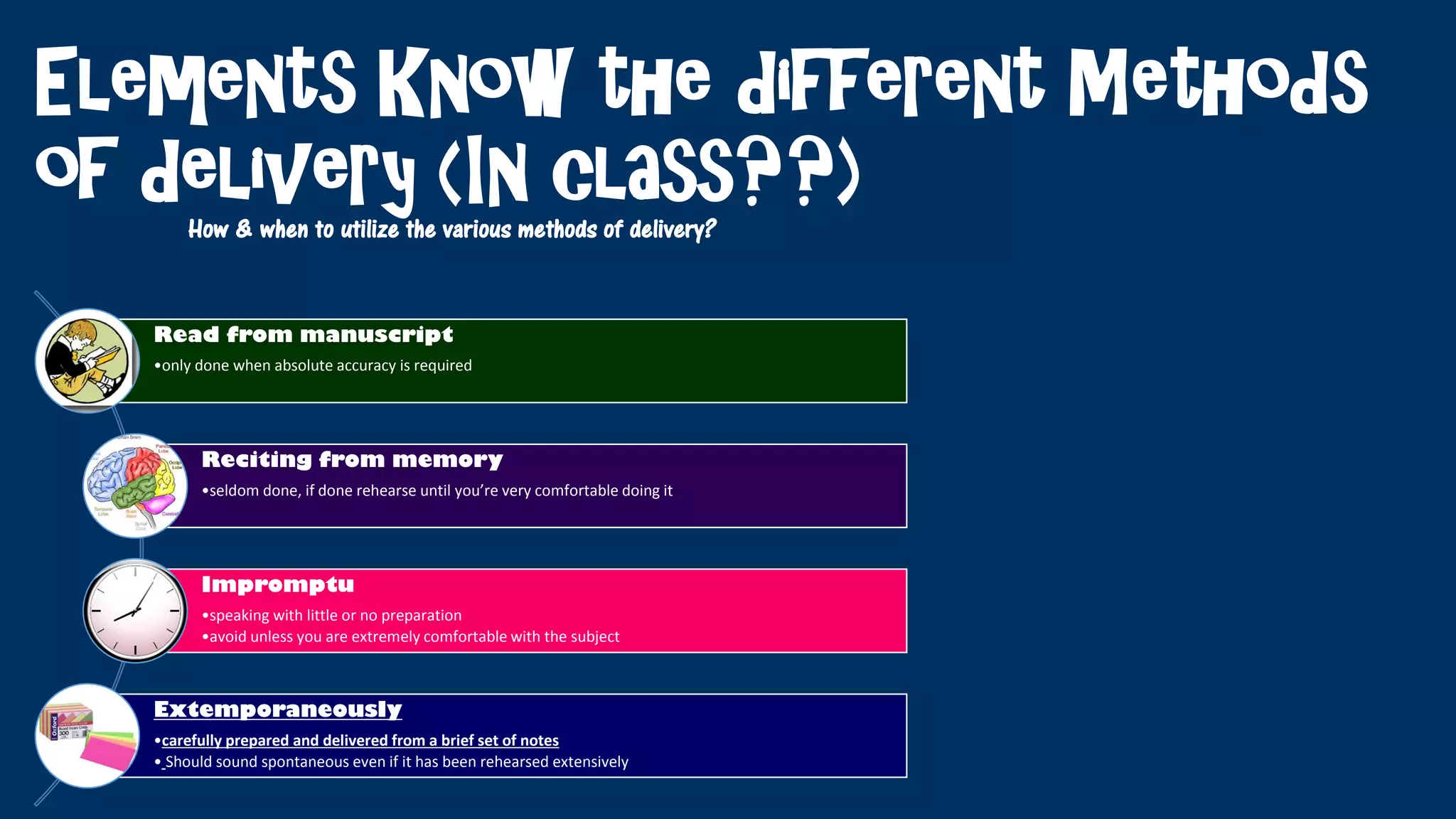 Elements Know the different Methods
of delivery (In class??)
Read from manuscript
•only done when absolute accuracy is required
Reciting from memory
•seldom done, if done rehearse until you’re very comfortable doing it
Impromptu
•speaking with little or no preparation
•avoid unless you are extremely comfortable with the subject
Extemporaneously
•carefully prepared and delivered from a brief set of notes
• Should sound spontaneous even if it has been rehearsed extensively
How & when to utilize the various methods of delivery?
 