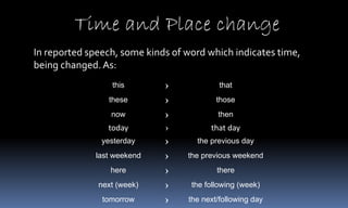 Time and Place change
this › that
these › those
now › then
today › that day
yesterday › the previous day
last weekend › the previous weekend
here › there
next (week) › the following (week)
tomorrow › the next/following day
In reported speech, some kinds of word which indicates time,
being changed.As:
 