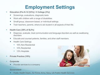 Employment Settings
 Education (Pre K-12 (53%))  College (3%))
 Screenings, evaluations, diagnostic tests
 Work with children with a range of disabilities
 Small-group, classroom based, or individual settings
 Train teachers, parents, others to aid student in all aspects of their life.
 Health Care (39% of SLPs)
 Diagnose, evaluate, treat communication and language disorders as well as swallowing
disorders
 Educate and counsel patients, families, and other staff members
 Health Care Settings
 16% Non-Residential
 10% Residential
 13% Hospitals
 Private Practice (19%)
 Corporate
 Provide services to a company
 Government
 Public Health Depts., Air Force, Army, Navy, US Public Health Services
 