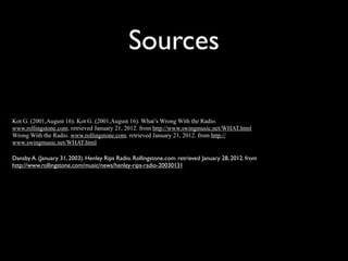 Sources

•   Kot G. (2001,August 16). Kot G. (2001,August 16). What’s Wrong With the Radio.
    www.rollingstone.com. retrieved January 21, 2012. from http://www.swingmusic.net/WHAT.html
    Wrong With the Radio. www.rollingstone.com. retrieved January 21, 2012. from http://
    www.swingmusic.net/WHAT.html

•   Dansby A. (January 31, 2003). Henley Rips Radio. Rollingstone.com. retrieved January 28, 2012. from
    http://www.rollingstone.com/music/news/henley-rips-radio-20030131
 