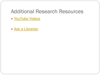 Additional Research Resources
 YouTube Videos


 Ask a Librarian
 
