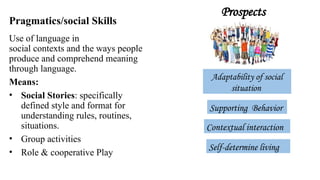 Pragmatics/social Skills
Use of language in
social contexts and the ways people
produce and comprehend meaning
through language.
Means:
• Social Stories: specifically
defined style and format for
understanding rules, routines,
situations.
• Group activities
• Role & cooperative Play
Adaptability of social
situation
Supporting Behavior
Prospects
Self-determine living
Contextual interaction
 