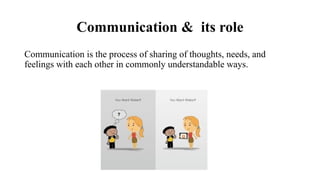 Communication & its role
Communication is the process of sharing of thoughts, needs, and
feelings with each other in commonly understandable ways.
 