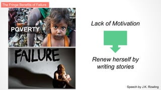 POVERTY
Renew herself by
writing stories
Lack of Motivation
Speech by J.K. Rowling
The Fringe Benefits of Failure
 