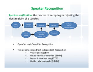 Speaker Recognition
Speaker verification: the process of accepting or rejecting the
identity claim of a speaker.
     Input        Feature                                   Verification
    speech       Extraction    Similarity     Decision         result
                                                          (Accept /Reject)


                              Ref. template   Threshold
                Input           or model
               speech         (speaker #M)




         Open Set and Closed Set Recognition

         Text-dependent and Text-independent Recognition
                 •   Vector quantization
                 •   Gaussian mixture models (GMM)
                 •   Dynamic time warping (DTW)
                 •   Hidden Markov model (HMM)
 
