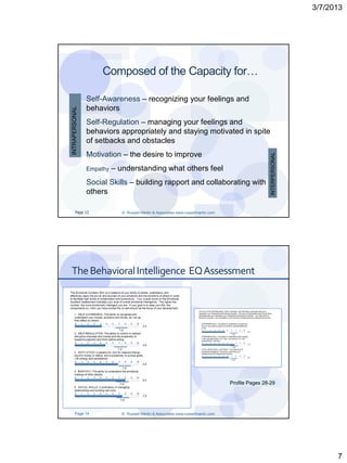 3/7/2013




                     Composed of the Capacity for…

                Self-Awareness – recognizing your feelings and
                behaviors
INTRAPERSONAL




                Self-Regulation – managing your feelings and
                behaviors appropriately and staying motivated in spite
                of setbacks and obstacles
                Motivation – the desire to improve




                                                                                                    INTERPERSONAL
                Empathy   – understanding what others feel
                Social Skills – building rapport and collaborating with
                others

       Page 13               © Russell Martin & Associates www.russellmartin.com




The Behavioral Intelligence EQ Assessment




                                                                                   Profile Pages 28-29




      Page 14                © Russell Martin & Associates www.russellmartin.com




                                                                                                                          7
 