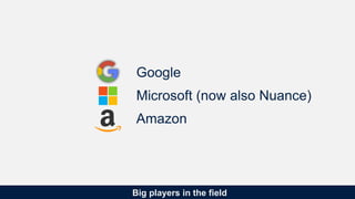 Big players in the field
Google
Microsoft (now also Nuance)
Amazon
 