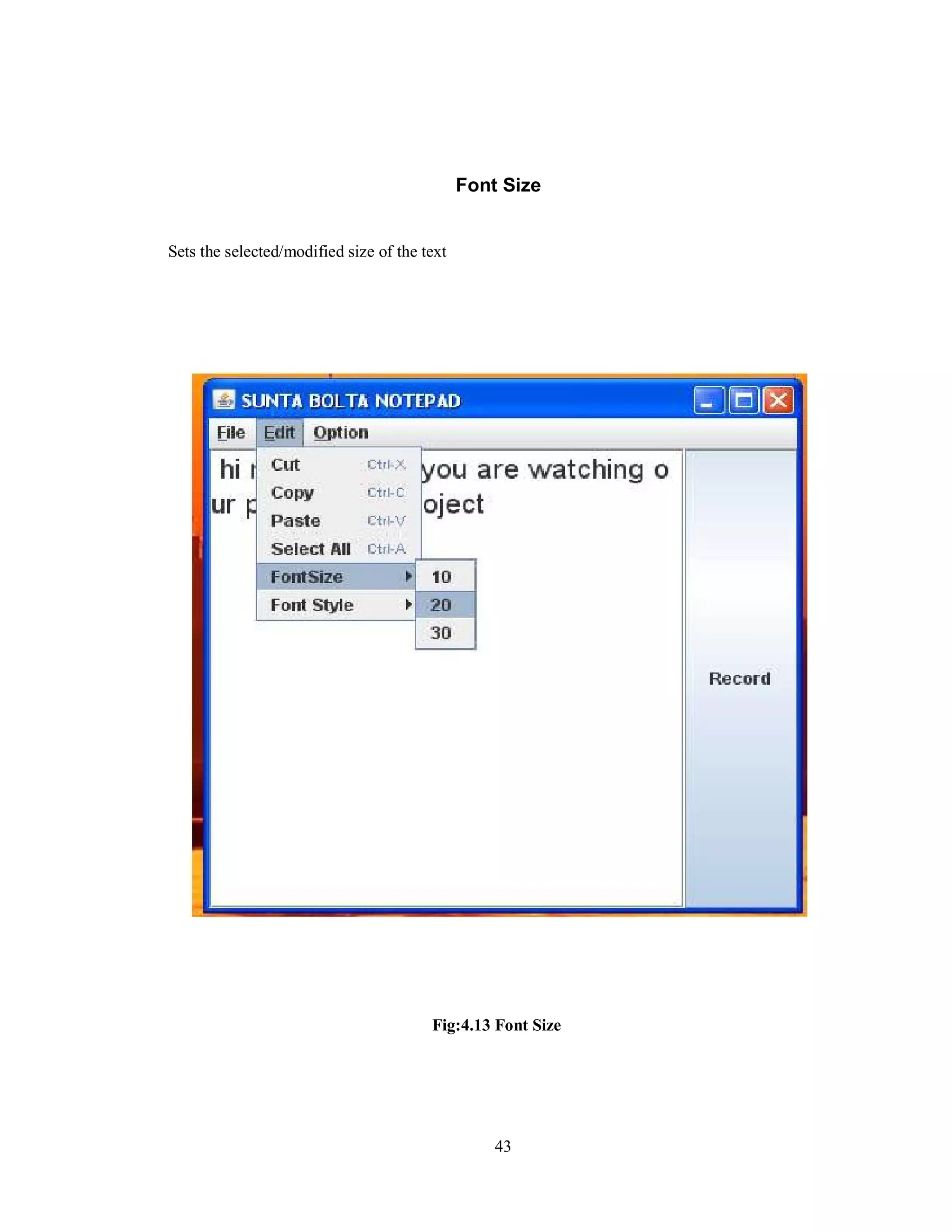 Font Size
Sets the selected/modified size of the text
Fig:4.13 Font Size
43
 