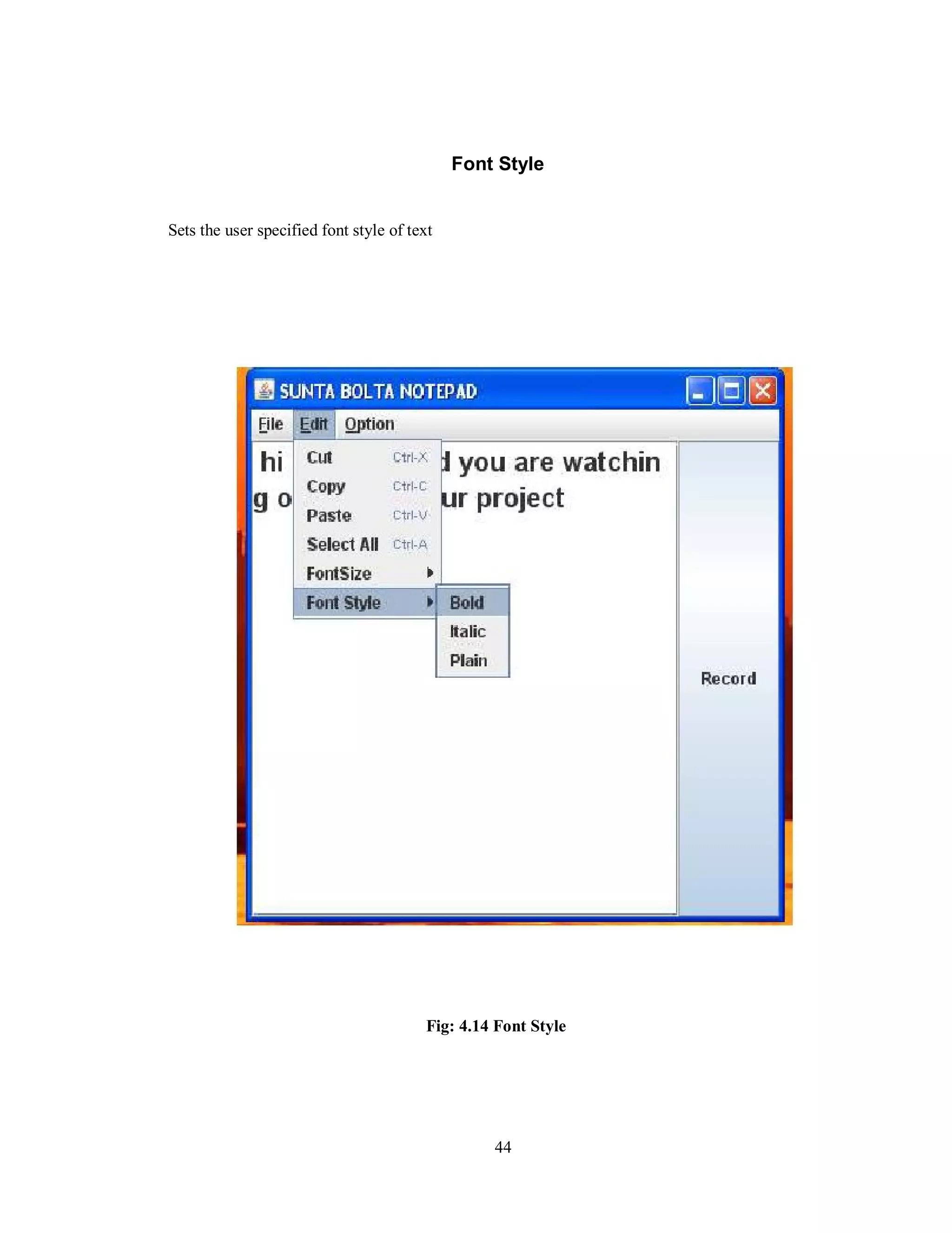 Font Style
Sets the user specified font style of text
Fig: 4.14 Font Style
44
 