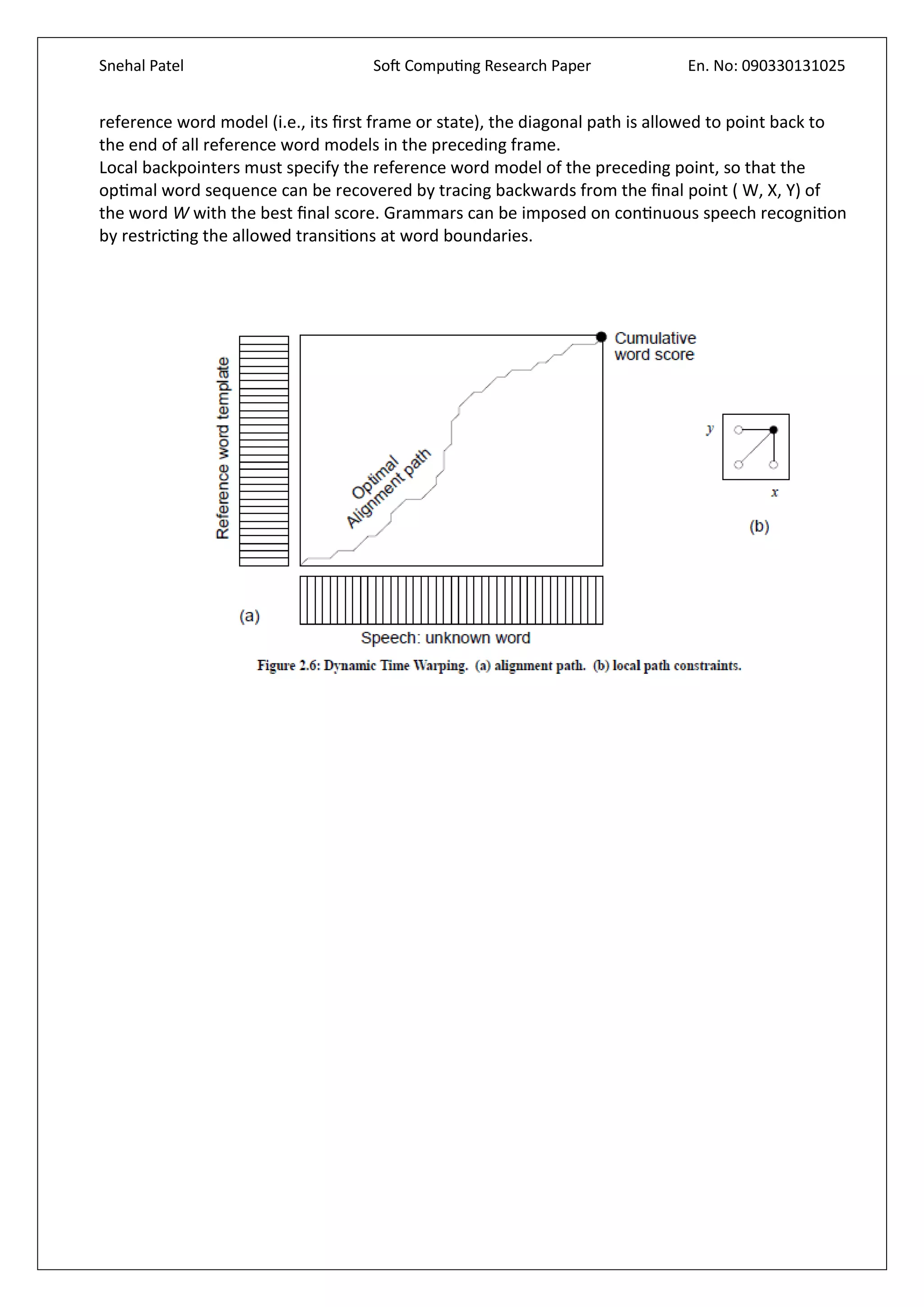 Snehal Patel Soft Computing Research Paper En. No: 090330131025
reference word model (i.e., its first frame or state), the diagonal path is allowed to point back to
the end of all reference word models in the preceding frame.
Local backpointers must specify the reference word model of the preceding point, so that the
optimal word sequence can be recovered by tracing backwards from the final point ( W, X, Y) of
the word W with the best final score. Grammars can be imposed on continuous speech recognition
by restricting the allowed transitions at word boundaries.
 