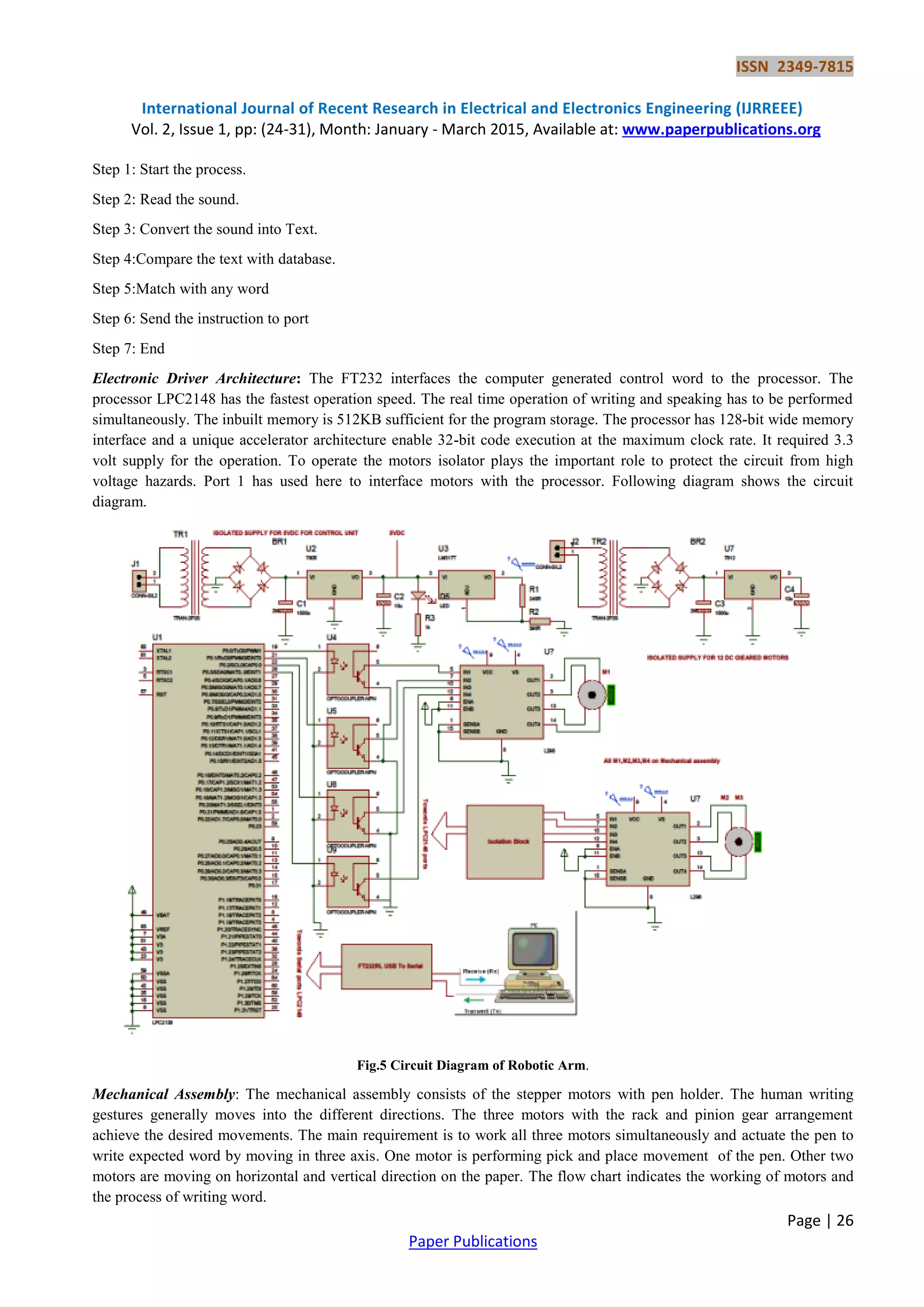 ISSN 2349-7815
International Journal of Recent Research in Electrical and Electronics Engineering (IJRREEE)
Vol. 2, Issue 1, pp: (24-31), Month: January - March 2015, Available at: www.paperpublications.org
Page | 26
Paper Publications
Step 1: Start the process.
Step 2: Read the sound.
Step 3: Convert the sound into Text.
Step 4:Compare the text with database.
Step 5:Match with any word
Step 6: Send the instruction to port
Step 7: End
Electronic Driver Architecture: The FT232 interfaces the computer generated control word to the processor. The
processor LPC2148 has the fastest operation speed. The real time operation of writing and speaking has to be performed
simultaneously. The inbuilt memory is 512KB sufficient for the program storage. The processor has 128-bit wide memory
interface and a unique accelerator architecture enable 32-bit code execution at the maximum clock rate. It required 3.3
volt supply for the operation. To operate the motors isolator plays the important role to protect the circuit from high
voltage hazards. Port 1 has used here to interface motors with the processor. Following diagram shows the circuit
diagram.
Fig.5 Circuit Diagram of Robotic Arm.
Mechanical Assembly: The mechanical assembly consists of the stepper motors with pen holder. The human writing
gestures generally moves into the different directions. The three motors with the rack and pinion gear arrangement
achieve the desired movements. The main requirement is to work all three motors simultaneously and actuate the pen to
write expected word by moving in three axis. One motor is performing pick and place movement of the pen. Other two
motors are moving on horizontal and vertical direction on the paper. The flow chart indicates the working of motors and
the process of writing word.
 