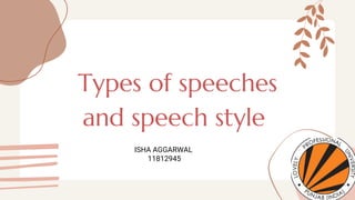 Types of speeches
and speech style
ISHA AGGARWAL
11812945
 