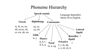 Phoneme Hierarchy
Speech sounds
Vowels Consonants
Diphthongs
Plosive
Nasal
Fricative
Retroflex
liquid
Lateral
liquid
Glide
iy, ih, ae, aa,
ah, ao,ax, eh,
er, ow, uh, uw
ay, ey,
oy, aw
w, y
p, b, t,
d, k, g
m, n, ng f, v, th, dh,
s, z, sh, zh, h
r
l
Language dependent.
About 50 in English.