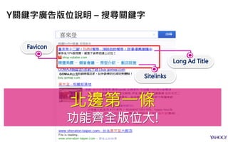 喜來登
精選美饌 – 婚宴會議 – 房型介紹 – 飯店設施
GOMAJI台北
Y關鍵字廣告版位說明 – 搜尋關鍵字
 