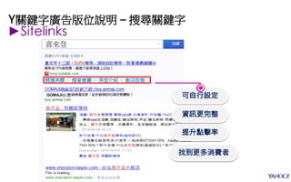 Y關鍵字廣告版位說明 – 搜尋關鍵字
喜來登
精選美饌 – 婚宴會議 – 房型介紹 – 飯店設施
GOMAJI台北
►Sitelinks
 