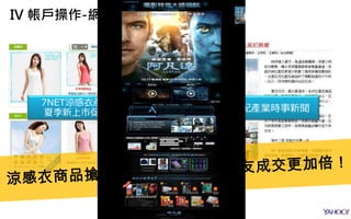 涼感衣爆紅，
店家參考產業新聞，
購買涼感精準關鍵字，
成交轉換收不完！
7NET涼感衣產品
夏季新上市促銷 搭配產業時事新聞
IV 帳戶操作-網頁
 