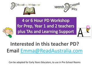 Interested in this teacher PD?
Email Emma@ReadAustralia.com
Can be adapted for Early Years Educators, to use in Pre-School Rooms
 