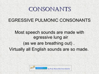 CONSONANTS EGRESSIVE PULMONIC CONSONANTS Most speech sounds are made with egressive lung air  (as we are breathing out) .  Virtually all English sounds are so made.  