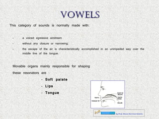 VOWELS This category of sounds is normally made with: a voiced egressive airstream without any closure or narrowing;  the escape of the air is characteristically accomplished in an unimpeded way over the middle line of the tongue. Movable organs mainly responsible for shaping these resonators are :  Soft palate Lips Tongue 