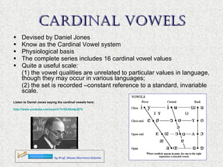 CARDINAL VOWELS Devised by Daniel Jones Know as the Cardinal Vowel system Physiological basis The complete series includes 16 cardinal vowel values Quite a useful scale:  (1) the vowel qualities are unrelated to particular values in language, though they may occur in various languages;  (2) the set is recorded –constant reference to a standard, invariable scale. Listen to Daniel Jones saying the cardinal vowels here: http://www.youtube.com/watch?v=6UIAe4p2I74 