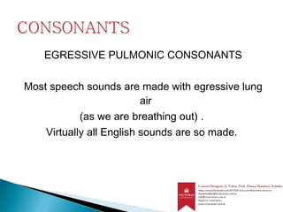 EGRESSIVE PULMONIC CONSONANTS
Most speech sounds are made with egressive lung
air
(as we are breathing out) .
Virtually all English sounds are so made.
 