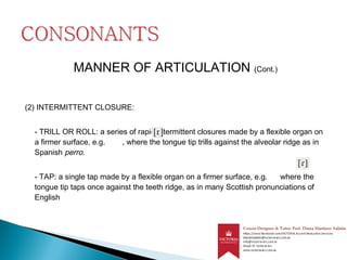 MANNER OF ARTICULATION (Cont.)
(2) INTERMITTENT CLOSURE:
- TRILL OR ROLL: a series of rapid intermittent closures made by a flexible organ on
a firmer surface, e.g. , where the tongue tip trills against the alveolar ridge as in
Spanish perro.
- TAP: a single tap made by a flexible organ on a firmer surface, e.g. where the
tongue tip taps once against the teeth ridge, as in many Scottish pronunciations of
English
 