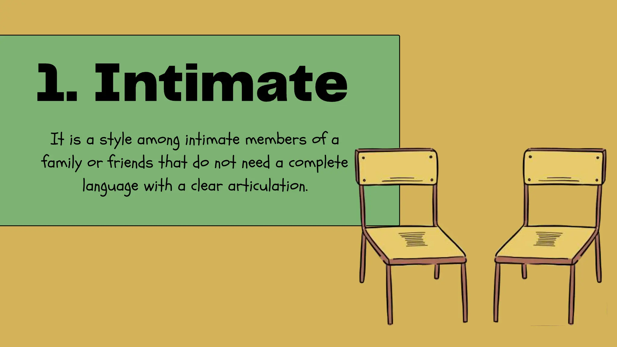 It is a style among intimate members of a
family or friends that do not need a complete
language with a clear articulation.
 