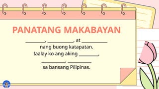 PANATANG MAKABAYAN
_________, ____________, at ____________
nang buong katapatan.
Iaalay ko ang aking _________,
___________, ___________
sa bansang Pilipinas.
 