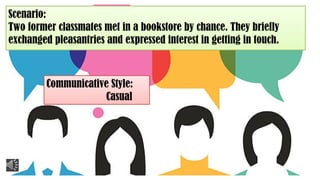 Scenario:
Two former classmates met in a bookstore by chance. They briefly
exchanged pleasantries and expressed interest in getting in touch.
Communicative Style:
Casual
 