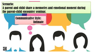 Scenario:
A parent and child share a memories and emotional moment during
the parent-child encounter seminar.
Communicative Style:
Intimate
 
