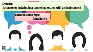Scenario:
A counselor engages in a counseling session with a client/student
Communicative Style:
Consultative
 