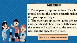 INSTRUCTIONSds
1. Participants (representatives of each
group) act out the drawn scenario using
the given speech style.
2. The other group has to guess the act
and speech style being used. Otherwise,
the actors will explain what the scenario
was, and the speech style used.
SPEECH STYLES MIX-UP CHARADES
 