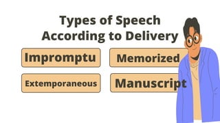 Types of Speech
According to Delivery
Impromptu Memorized
Extemporaneous Manuscript
 