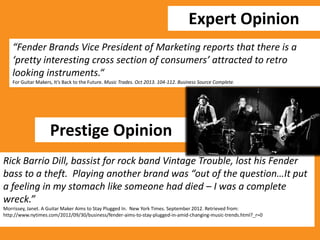 Expert Opinion
“Fender Brands Vice President of Marketing reports that there is a
‘pretty interesting cross section of consumers’ attracted to retro
looking instruments.“
For Guitar Makers, It’s Back to the Future. Music Trades. Oct 2013. 104-112. Business Source Complete.

Prestige Opinion
Rick Barrio Dill, bassist for rock band Vintage Trouble, lost his Fender
bass to a theft. Playing another brand was “out of the question…It put
a feeling in my stomach like someone had died – I was a complete
wreck.”
Morrissey, Janet. A Guitar Maker Aims to Stay Plugged In. New York Times. September 2012. Retrieved from:
http://www.nytimes.com/2012/09/30/business/fender-aims-to-stay-plugged-in-amid-changing-music-trends.html?_r=0

 
