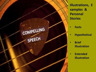 Illustrations, E
xamples &
Personal
Stories
•

Facts

•

Hypothetical

•

Brief
Illustration

•

Extended
Illustration

 