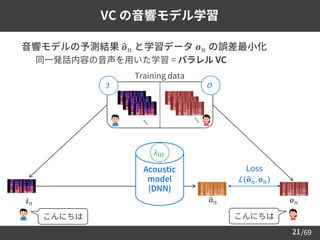 /69
➢ 音響モデルの予測結果 ෝ
𝒐𝑛 と学習データ 𝒐𝑛 の誤差最小化
– 同一発話内容の音声を用いた学習 = パラレル VC
21
VC の音響モデル学習
Training data
⋱ ⋱
ℐ 𝒪
Acoustic
model
(DNN)
𝒊𝑛 𝒐𝑛
ෝ
𝒐𝑛
ℒ ෝ
𝒐𝑛, 𝒐𝑛
𝜆IO
こんにちは こんにちは
Loss
 
