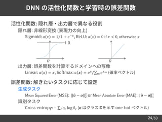 /69
24
DNN の活性化関数と学習時の誤差関数
➢ 活性化関数: 隠れ層・出力層で異なる役割
– 隠れ層: 非線形変換 (表現力の向上)
• Sigmoid: 𝑎 𝑥 = Τ
1 1 + 𝑒−𝑥
, ReLU: 𝑎 𝑥 = 0 if 𝑥 < 0, otherwise 𝑥
– 出力層: 誤差関数を計算するドメインへの写像
• Linear: 𝑎 𝑥 = 𝑥, Softmax: 𝑎 𝒙 = Τ
𝑒𝒙 σ𝑚 𝑒𝑥𝑚 (確率ベクトル)
➢ 誤差関数: 解きたいタスクに応じて設定
– 生成タスク
• Mean Squared Error (MSE): ෝ
𝒐 − 𝒐 2
2
or Mean Absolute Error (MAE): ෝ
𝒐 − 𝒐 1
1
– 識別タスク
• Cross-entropy: − σ𝑐 𝑜𝑐 log ො
𝑜𝑐 (𝒐 はクラスIDを示す one-hot ベクトル)
𝑂
1.0
𝑂
 