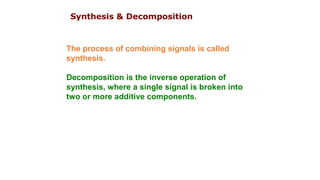The process of combining signals is called
synthesis.
Decomposition is the inverse operation of
synthesis, where a single signal is broken into
two or more additive components.
Synthesis & Decomposition
 