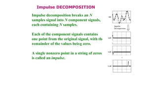 Impulse DECOMPOSITION
Impulse decomposition breaks an N
samples signal into N component signals,
each containing N samples.
Each of the component signals contains
one point from the original signal, with the
remainder of the values being zero.
A single nonzero point in a string of zeros
is called an impulse.
 