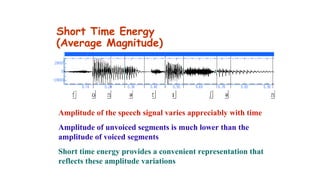 Short Time Energy
(Average Magnitude)
Amplitude of the speech signal varies appreciably with time
Amplitude of unvoiced segments is much lower than the
amplitude of voiced segments
Short time energy provides a convenient representation that
reflects these amplitude variations
 