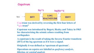 Cepstrum
DFTS(n)
LOG
MAGNITUDE
IDFT
S(ejω
) log|S(ejω
)|
Cepstrum was derived by reversing the first four letters of
"spectrum”
Cepstrum was introduced by Bogert, Healey and Tukey in 1963
for characterizing the seismic echoes resulting from
earthquakes
A cepstrum is the result of taking the Inverse Fourier transform
(IFT) of the log spectrum as if it were a signal.
Originally it was defined as ‘spectrum of spectrum’.
Operations on cepstra are labelled as quefrency analysis,
liftering, or cepstral analysis
 