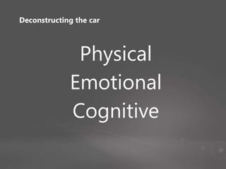 Deconstructing the car
Physical
Emotional
Cognitive
 